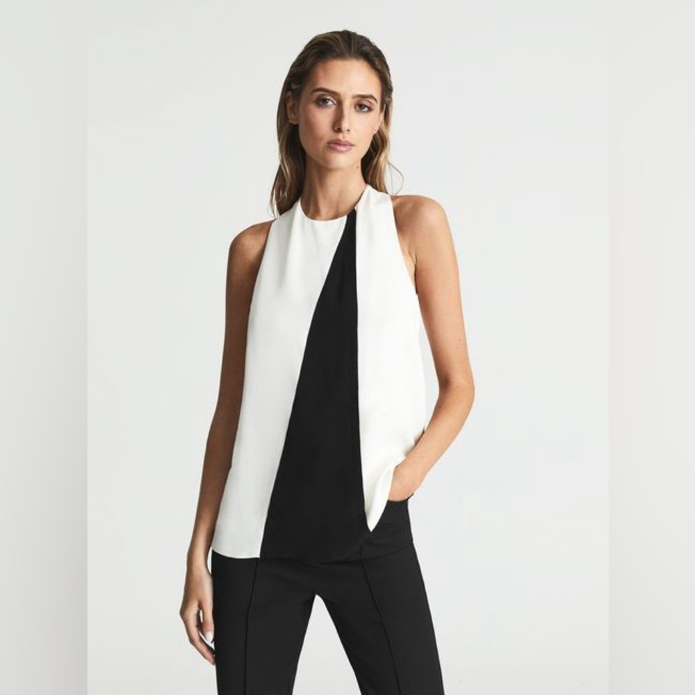 Reiss Black and White Sleeveless Halter Colorblock Top